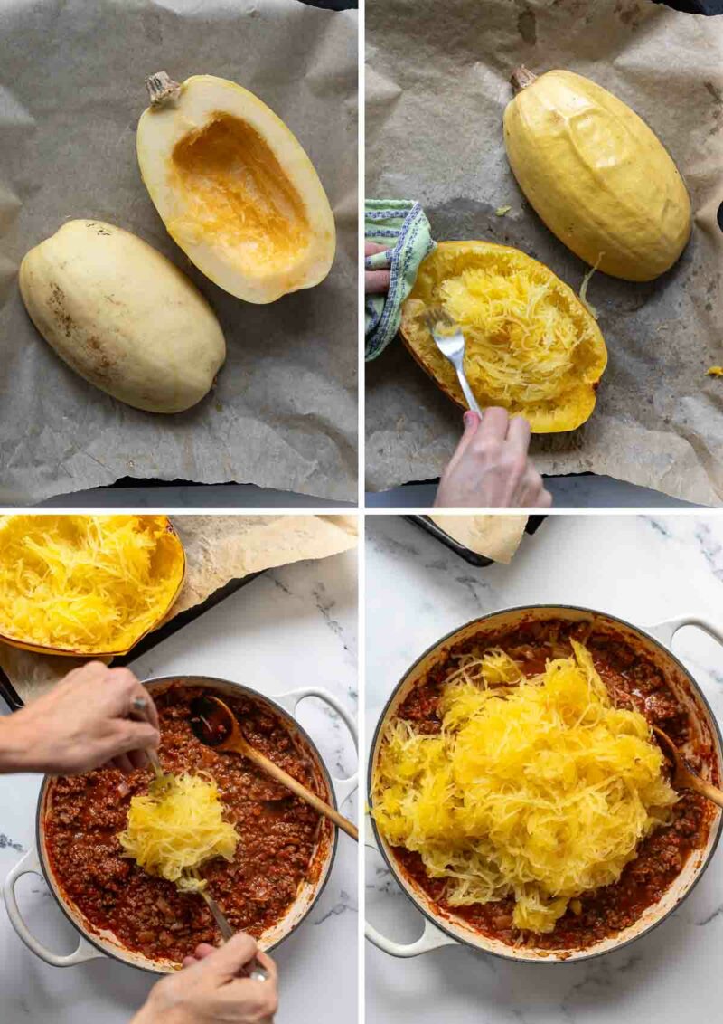 Step by step how to make Spaghetti Squash Casserole with ground beef, tomatoes and cheese