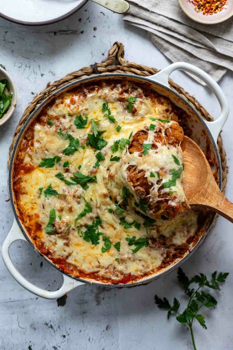 Spaghetti Squash Casserole with ground beef, tomatoes and cheese