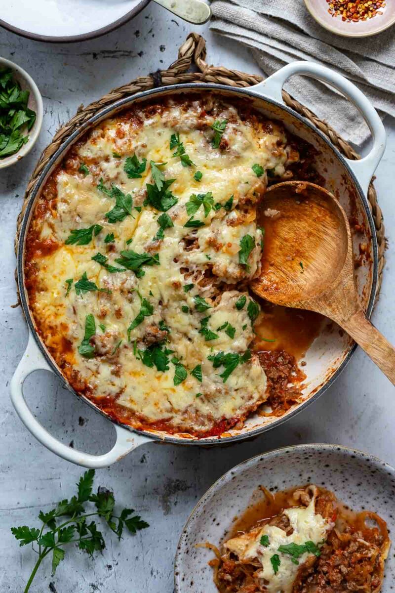 Spaghetti Squash Casserole with ground beef, tomatoes and cheese
