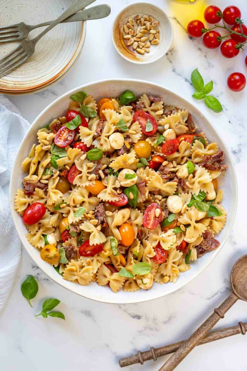 Caprese Pasta Salad with Crispy Prosciutto