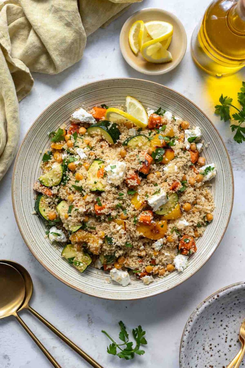 Couscous with Roasted Vegetables, Chickpeas & Feta